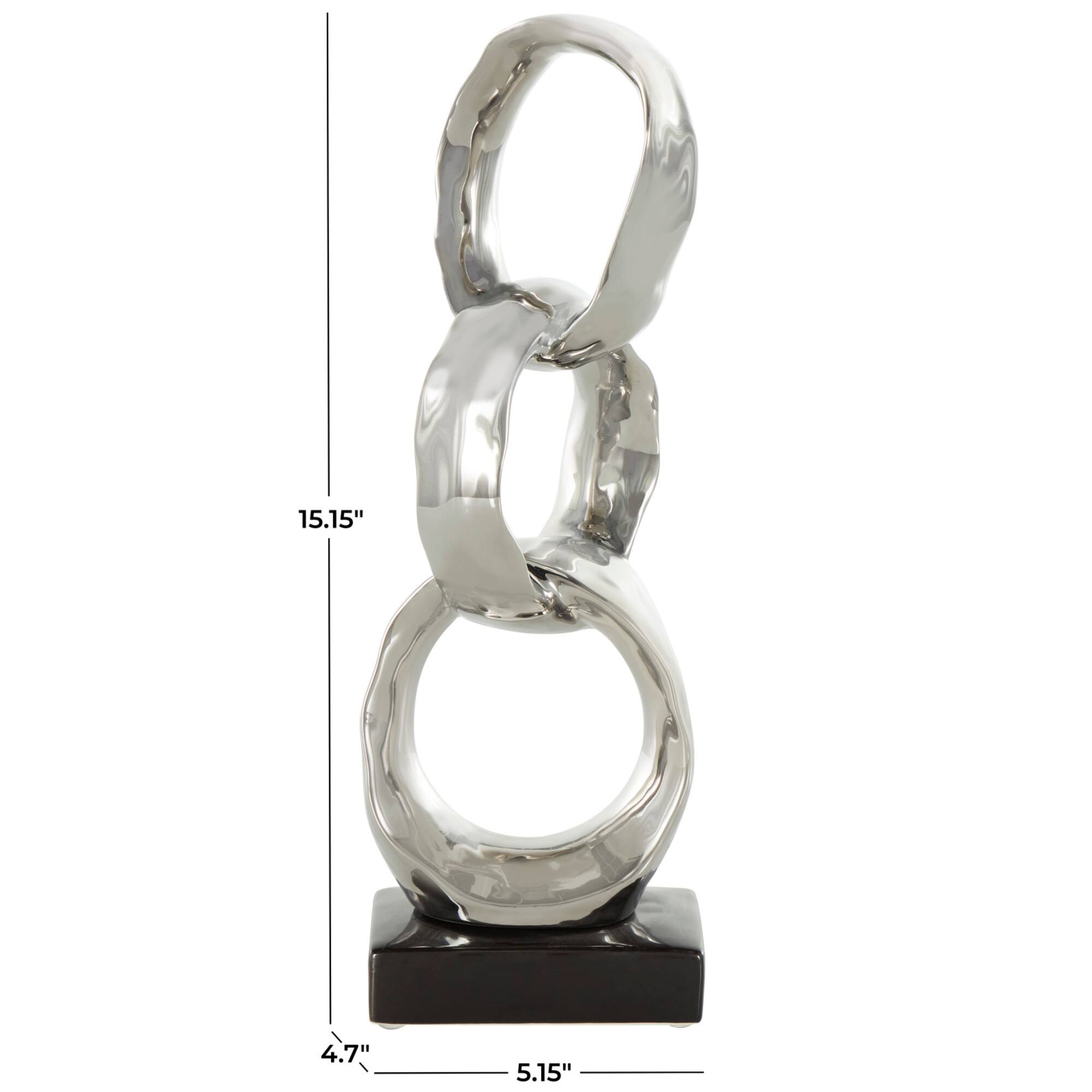 15" Silver Abstract Interlocked Rings Ceramic Sculpture with Black Base